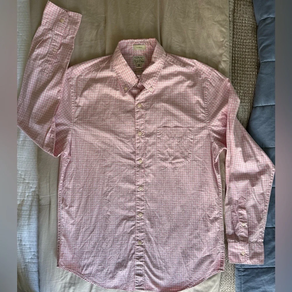 EUC⚡️J.Crew Classic Secret Wash Shirt Men’s Medium Pink Gingham Organic Cotton